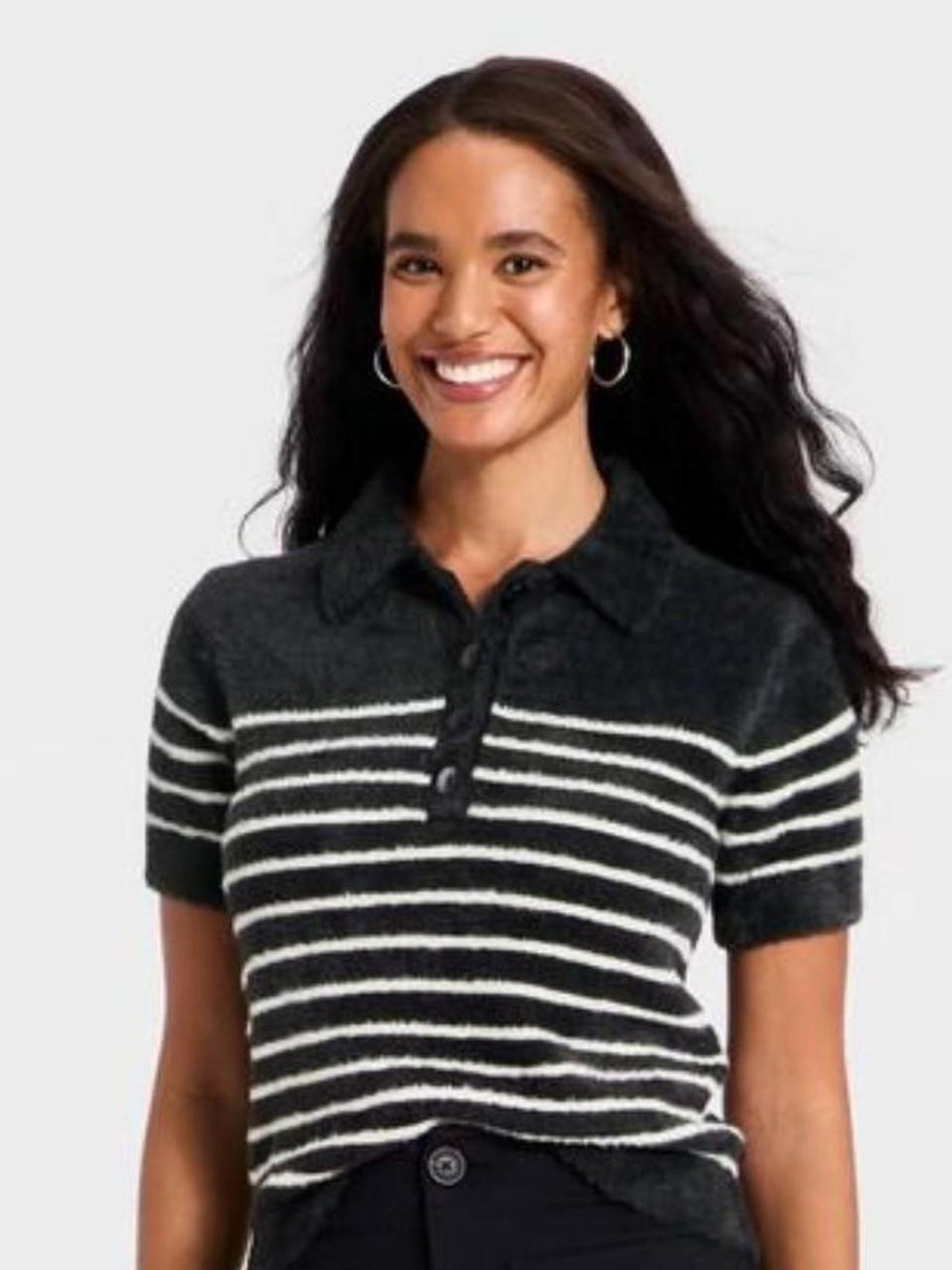a new day Black and White Striped Short Sleeve Polo Top